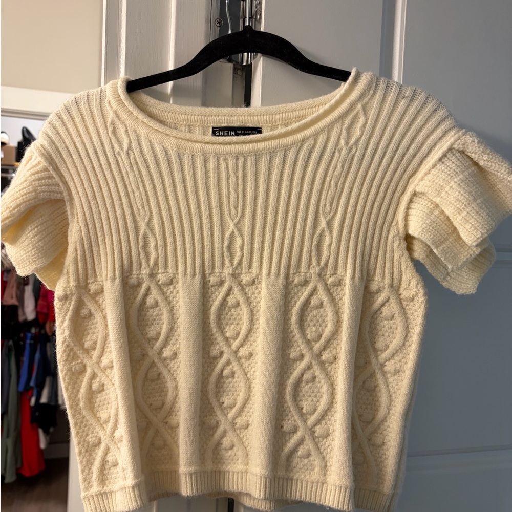 Shein Cream Cable Knit Short Sleeve Sweater